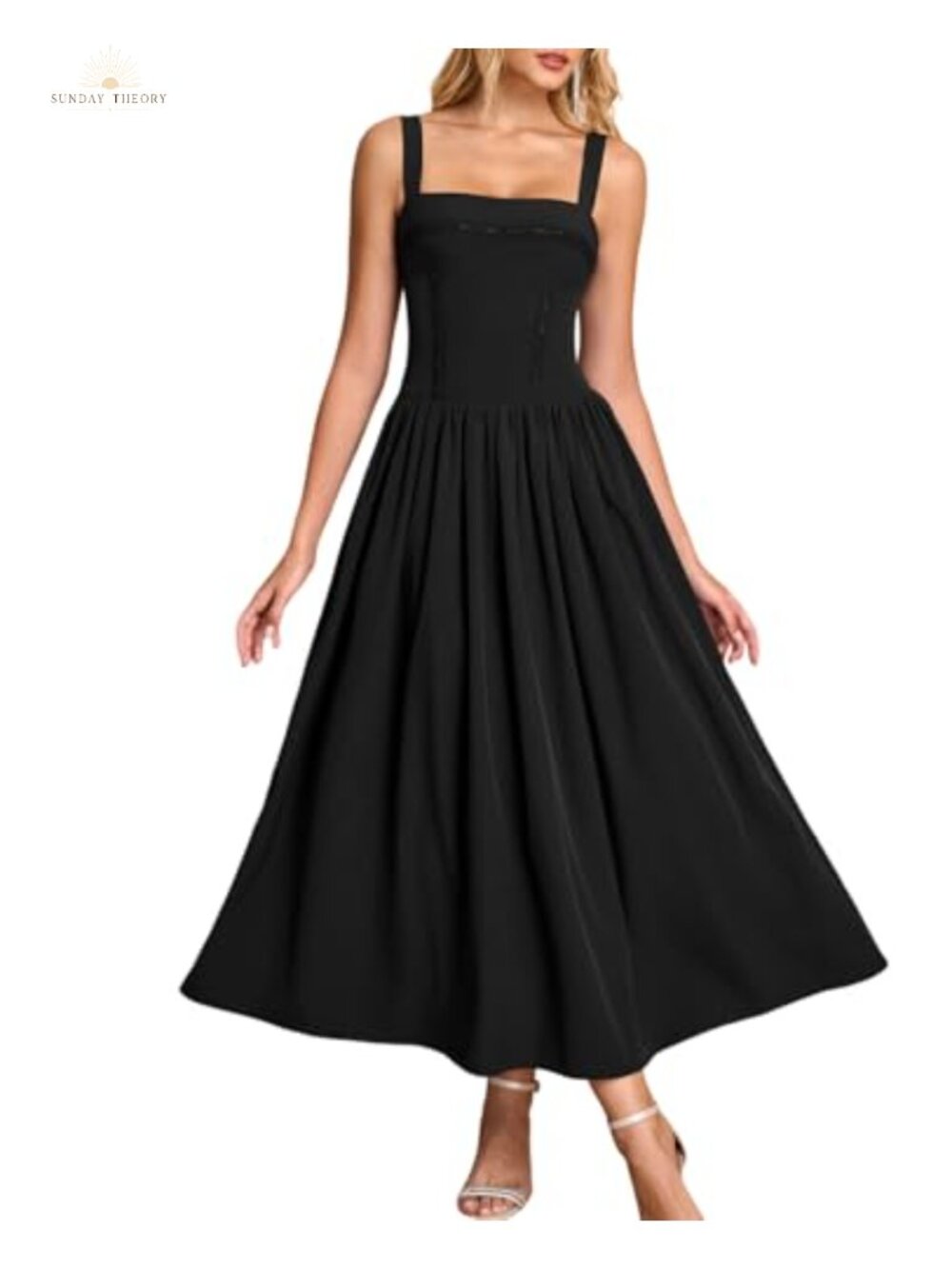 Women's Flowy A-Line Corset Midi Dress Square Neck Wedding Guest